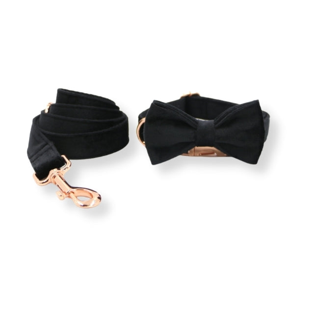 Dog Collar Leash Bow Tie Set, Black Velvet
